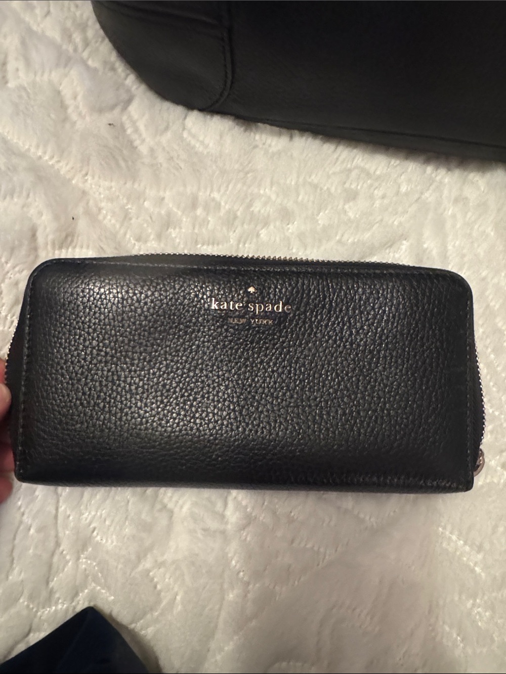 kate spade black pebbled leather zip wallet with gold logo CLEAN